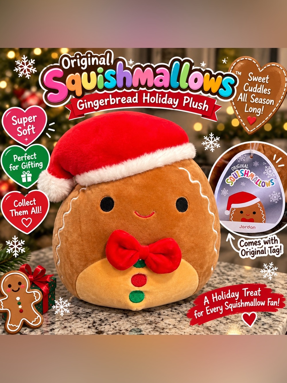 Squishmallows Gingerbread Holiday Plush - Red Hat & Bow